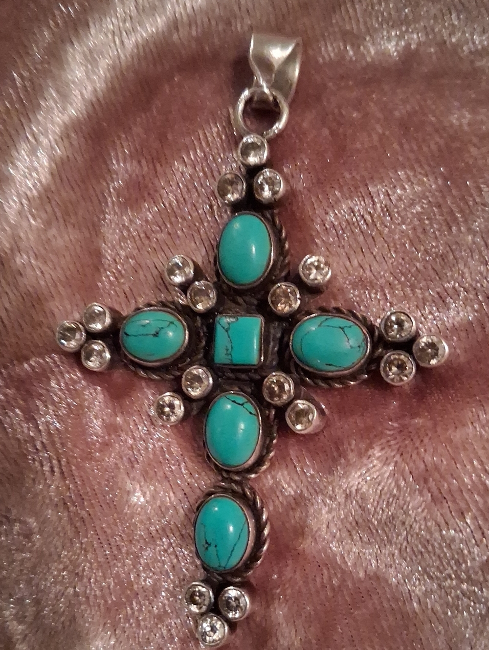 Sterling Silver Vintage Cross With Turquoise & Bling Pendent New 26 Gemstones